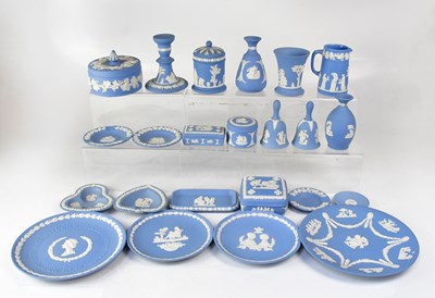 Lot 223 - WEDGWOOD; a collection of pale blue jasperware...