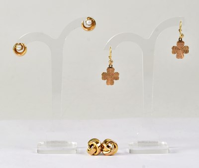 Lot 920 - Three pairs of 9ct yellow gold earrings,...