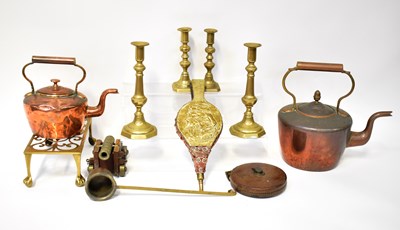 Lot 575 - Metalware to include copper kettles a brass...