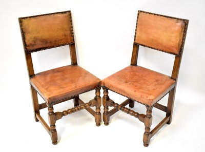 Lot 120 - Six reproduction oak chairs with brown leather...