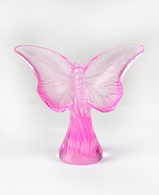 Lot 296 - LALIQUE; a pink butterfly sculpture, signed to...