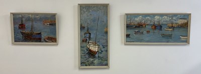 Lot 471 - JOHN CARPENTER; three oils on board, harbour...