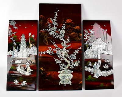 Lot 273 - Three Chinese lacquered wall panels, each...