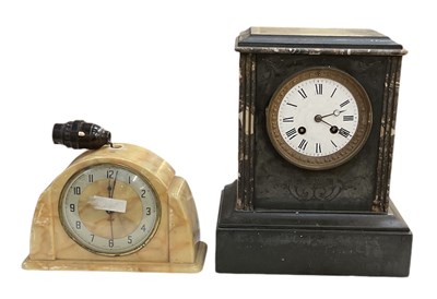 Lot 113 - A Victorian slate mantel clock, the white...