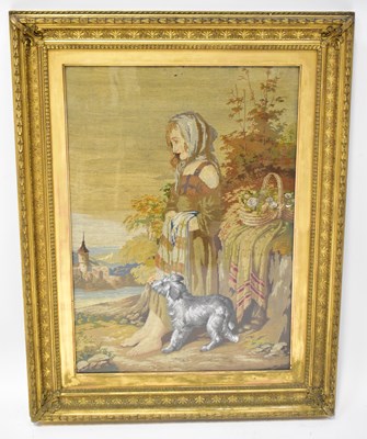 Lot 395 - A Victorian tapestry of a girl with a dog at...