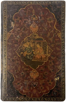 Lot 1041 - A Persian Qajar painted leather vanity booklet,...