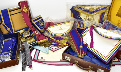 Lot 383 - Six various cases containing Masonic regalia,...