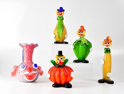 Lot 309 - MURANO; four glass clowns and a jug with a...