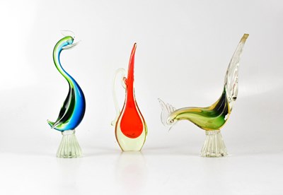 Lot 308 - MURANO; two stylised birds and a slender jug,...