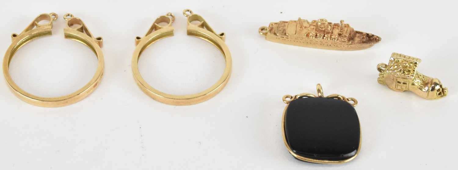 Lot 1395 - Three 9ct gold charms comprising 'MS Patricia'...