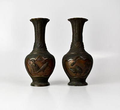 Lot 230 - A pair of Japanese bronze vases, each with two...