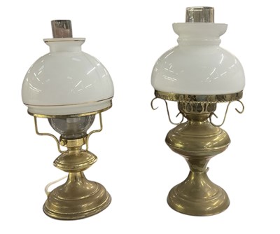 Lot 127 - A pair of modern brass oil lamps, converted to...