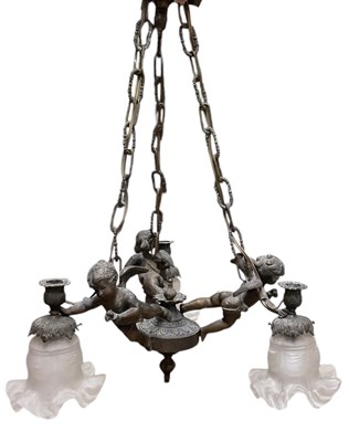 Lot 121 - A French three branch spelter ceiling light,...