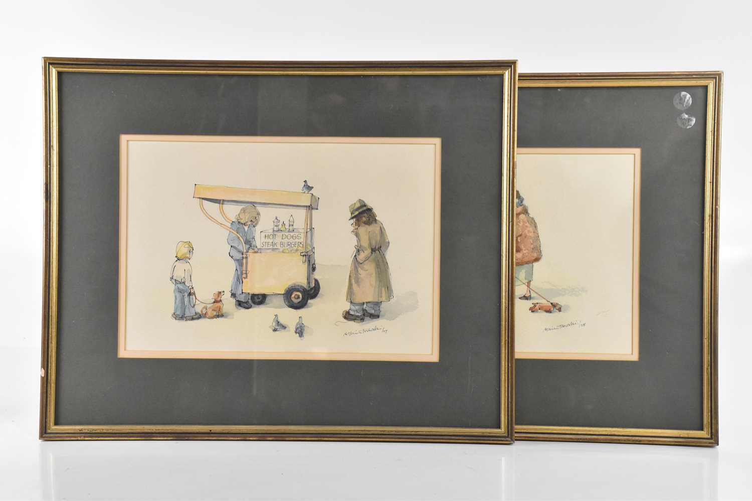 Lot 3036 - ALBIN TROWSKI; two watercolours, lady walking...