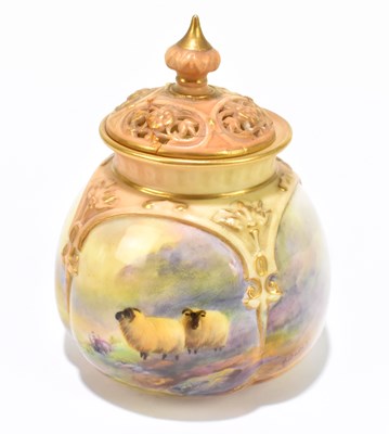 Lot 435 - HARRY DAVIS FOR ROYAL WORCESTER; a hand painted potpourri jar and cover