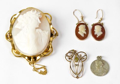 Lot 1105 - A pair of yellow metal cameo earrings...