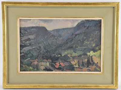 Lot 314 - PETER COKER RA; oil on board, abstract rural...