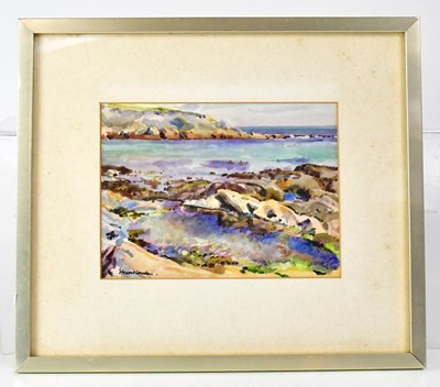 Lot 386 - STEWART LOWDON (born 1932); watercolour, rocky...