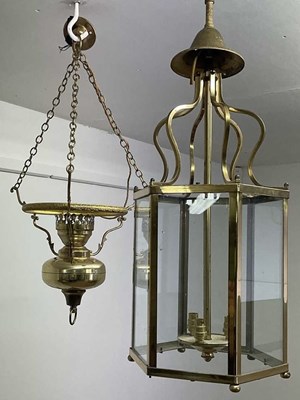 Lot 686 - Two brass light fixtures, one hall lamp,...