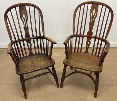 Lot 793 - A pair of Windsor hooped high back chairs with...