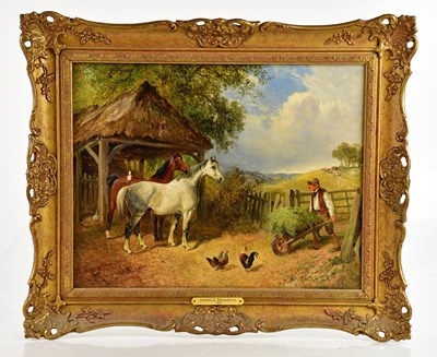 Lot 830 - EDWIN L MEADOWS; oil on canvas, farmyard scene,...