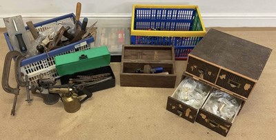 Lot 42 - A quantity of tools and two storage containers,...