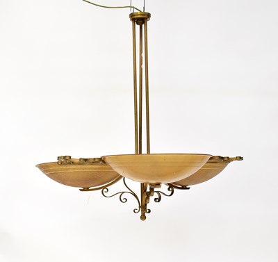 Lot 97 - A gold painted triple plafonnier light fitting,...