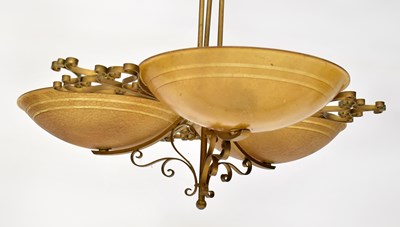 Lot 97 - A gold painted triple plafonnier light fitting,...