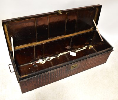 Lot 698 - A metal travelling trunk, inscribed to the lid...