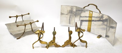 Lot 804 - A brass and aluminium fireside set comprising...