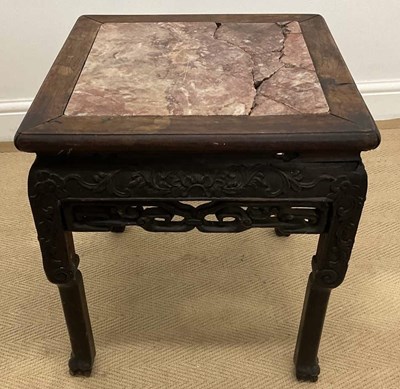 Lot 267 - A Chinese carved hardwood rouge marble inset...