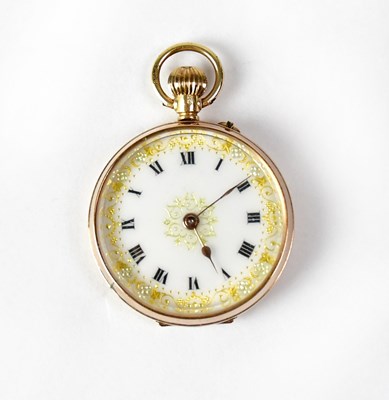 Lot 1124 - A 9ct yellow gold ladies' fob watch, the white...