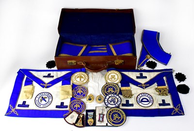 Lot 585 - Masonic regalia comprising three aprons,...