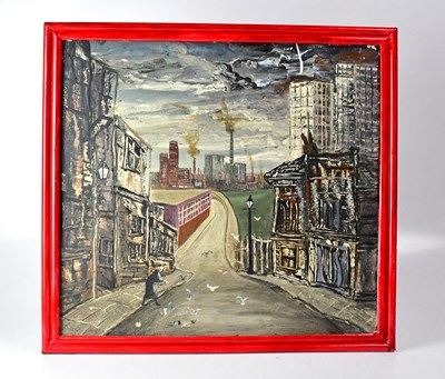 Lot 680 - BRIAN BURGESS (born 1935); oil on board, city...