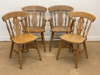 Lot 872 - Four reproduction fiddleback beech dining...