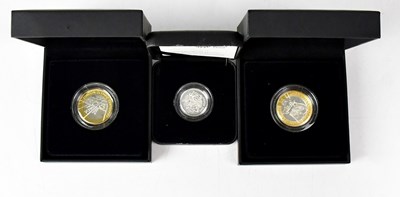 Lot 991 - THE ROYAL MINT; three cased coins comprising...