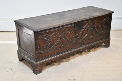 Lot 190 - A 18th century plank oak coffer, 47 x 112 x 40cm.