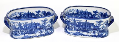 Lot 600 - Two modern ironstone blue and white foot baths,...