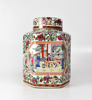 Lot 209 - A Canton hexagonal lidded ceramic tea caddy,...