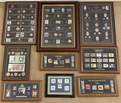 Lot 404 - A group of framed and glazed stamp and coin...