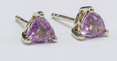 Lot 546 - A pair of 9ct yellow gold pink sapphire...