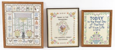 Lot 324 - Three modern framed cross stitch embroideries,...