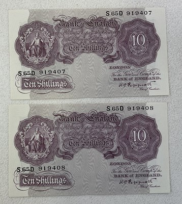 Lot 418 - BANK OF ENGLAND; two consecutive ten shilling...