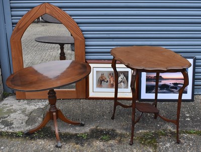 Lot 138 - A pine framed mirror, two occasional tables,...