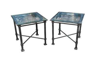 Lot 64 - A pair of glass topped iron framed side tables,...