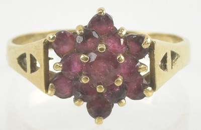 Lot 966 - A 9ct gold amethyst cluster ring, size N,...