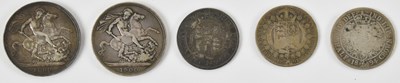 Lot 988 - Two Victoria old head silver crowns, 1899 and...