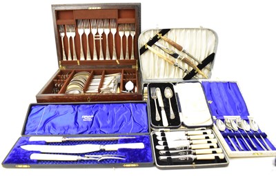 Lot 768 - Six cases of various silver plated cutlery and...