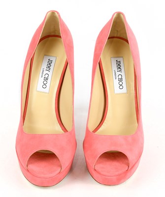 Lot 877 - JIMMY CHOO; a pair of pink suede unworn and...
