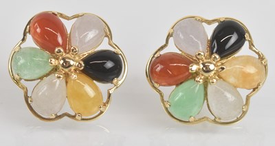 Lot 1423 - A pair of 14ct yellow gold and coloured pear...